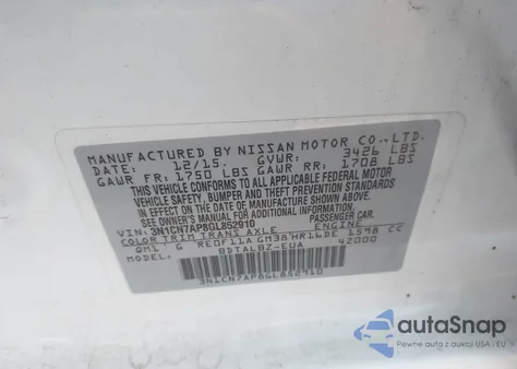 2016 Nissan Versa 1.6 S/1.6 S+/1.6 Sl/1.6 Sv z USA, uszkodzony, nr VIN 3N1CN7AP8GL852910